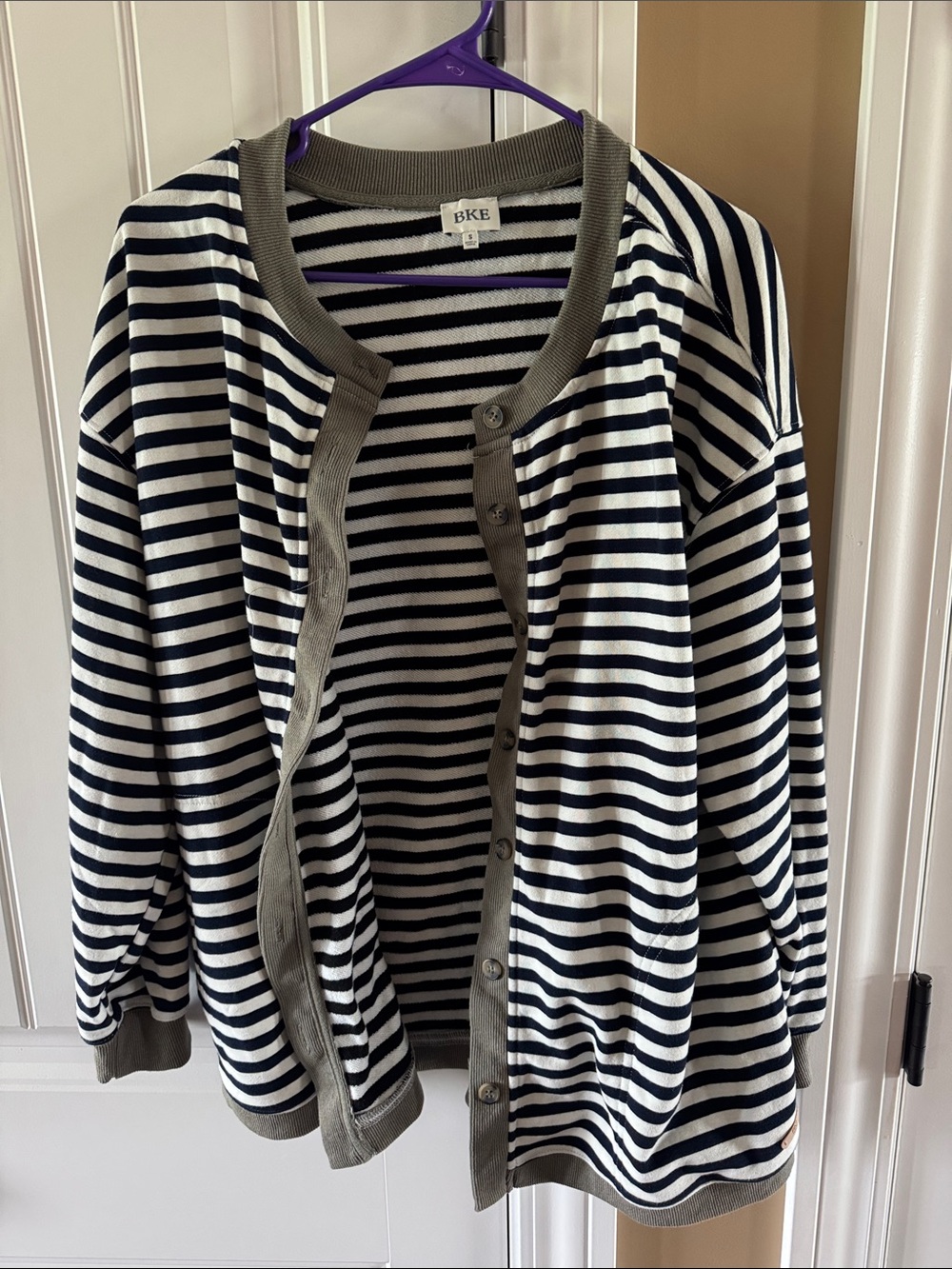 BKE Navy and White Striped Cardigan with Olive Trim